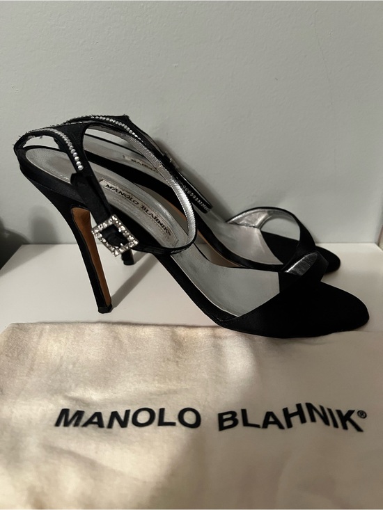 Manolo Blahnik Shoes - Manolo Blahnik Black Satin & Rhinestone Ankle-Strap Heels - Size 41